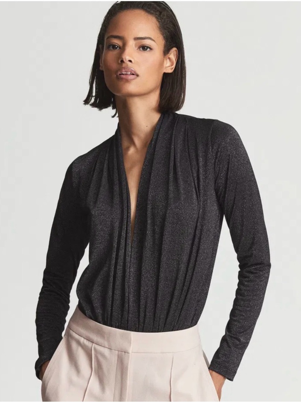Reiss Edith Metallic Plunge-Neck Bodysuit - Size L